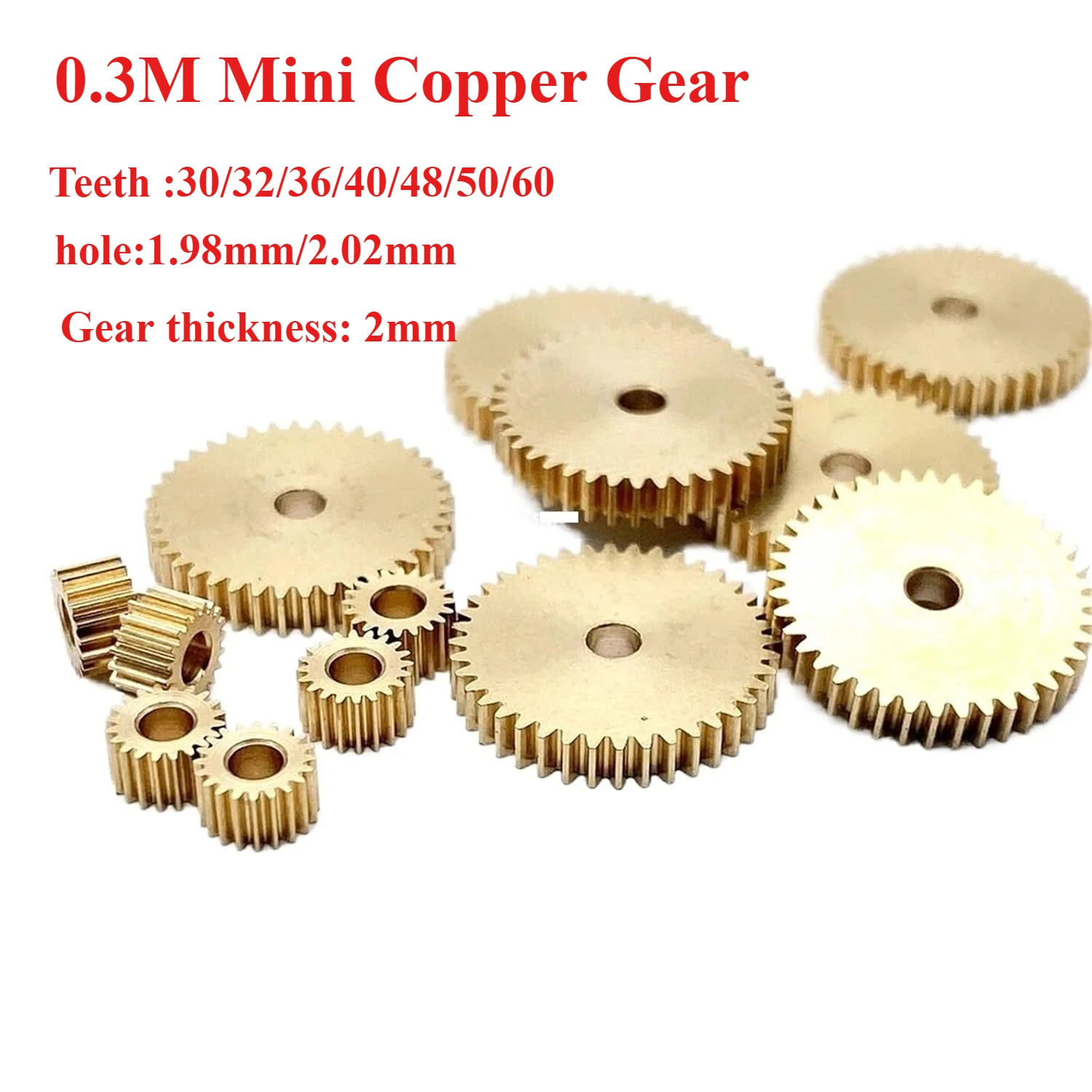 5pcs 0.3M Mini Copper Gear 30/32/36/40/48/50/60 Teeth  Mechanical Copper Spur Gear hole1.98/2.02mm Gear thickness: 2mm