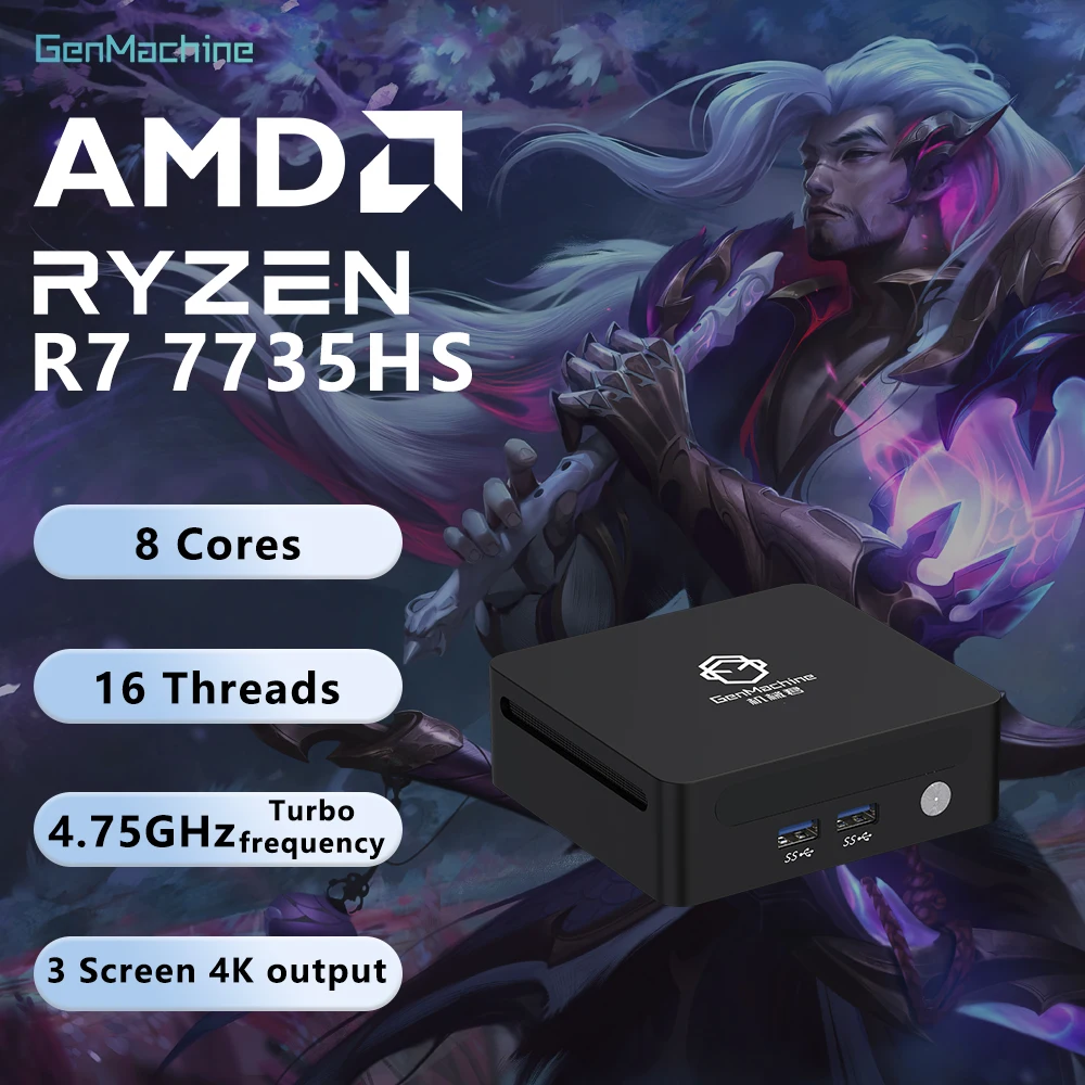 Genmachine AMD Ryzen 7 7735HS Mini PC 2.5G LAN USB4 | 8-Core 16-Thread | 16GB DDR5 | WiFi 6E Mini Pc Ordenador Computer