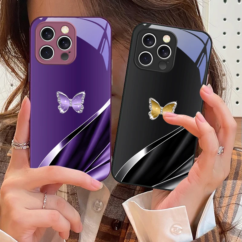 

Green pink butterfly For iPhone 16 E 15 14 13 Plus 12 mini 11 Pro Max XR Xs Max 16E X 7 8 6 6S 2022 Tempered Glass Phone Case