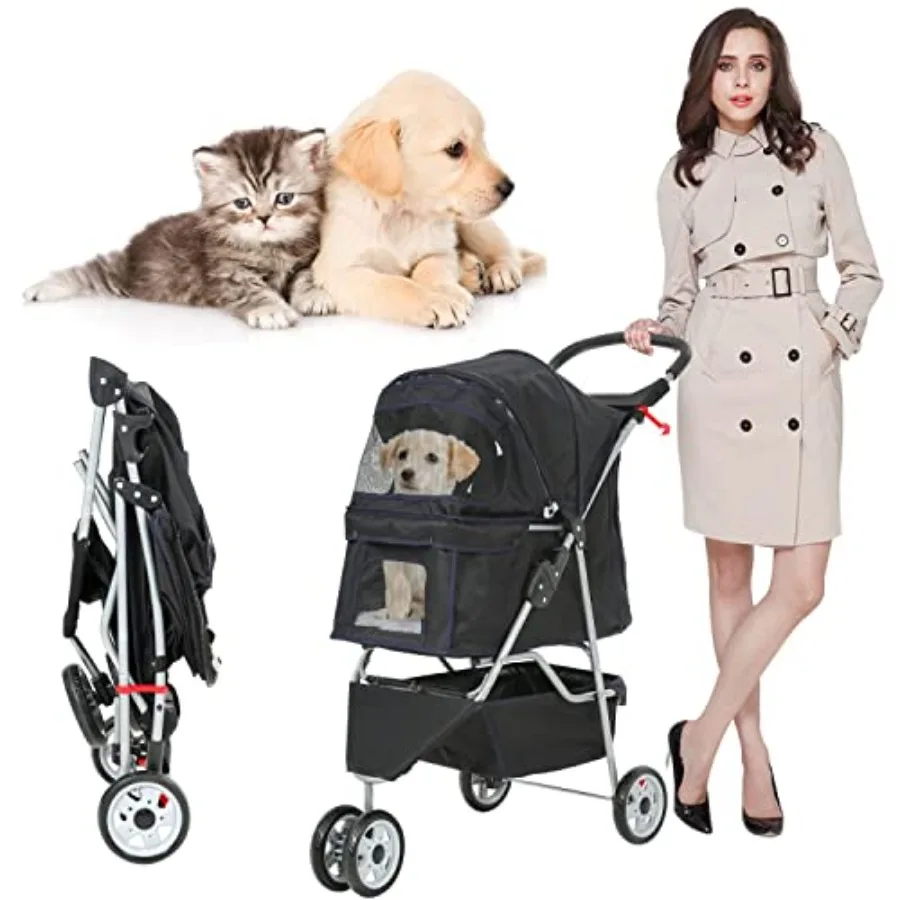 

Pet stroller for small/medium dogs cats: 3-wheel folding travel stroller in black, lightweight aluminum frame, zippered mesh do