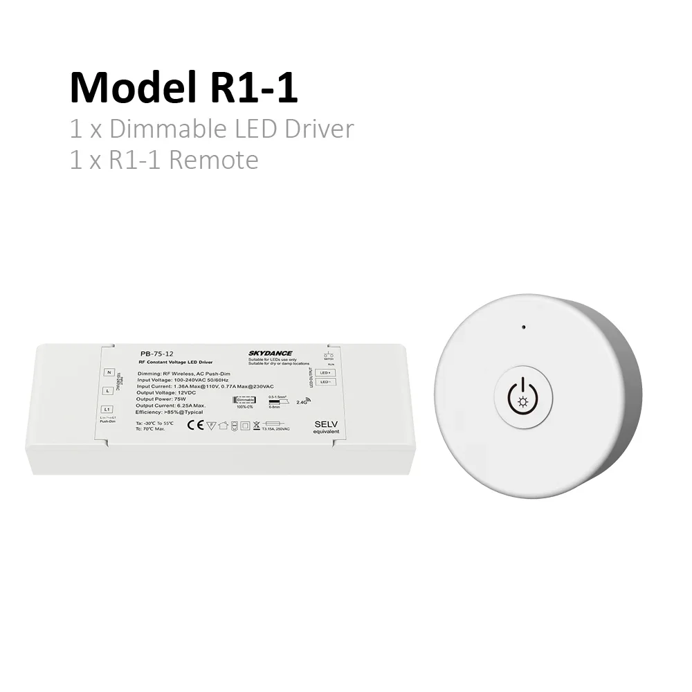 12 V 24 V 75 W LED Driver Dimbare LED Dimmen Skydance Push Dimmer 12 volt Constante Spanning 2.4G RF Afstandsbediening Driver RT1 R11
