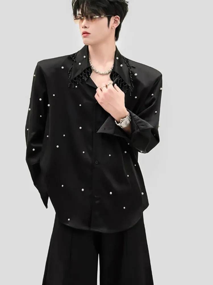Niche Bead Tassel Collar Design Long Sleeve Shirt Men Satin Fabric Loose Turn-Down Collar Fashion Casual Outer Tops CDS1