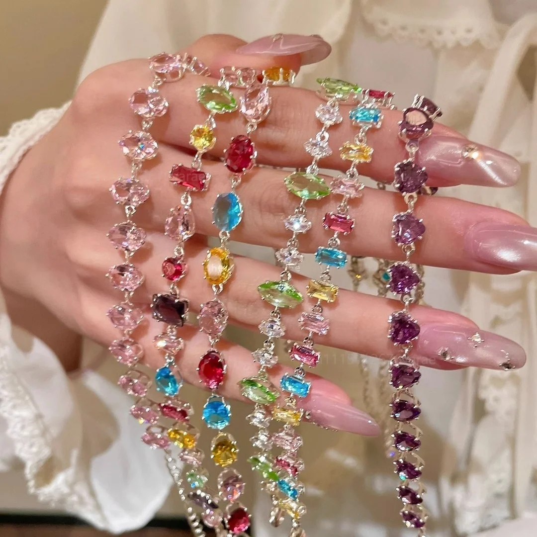 Sparkling Colorful Crystal Bracelets for Women Fashion Zircon Decor Adjustable Metal Chain Jewelry for Prom Party Gift Браслет