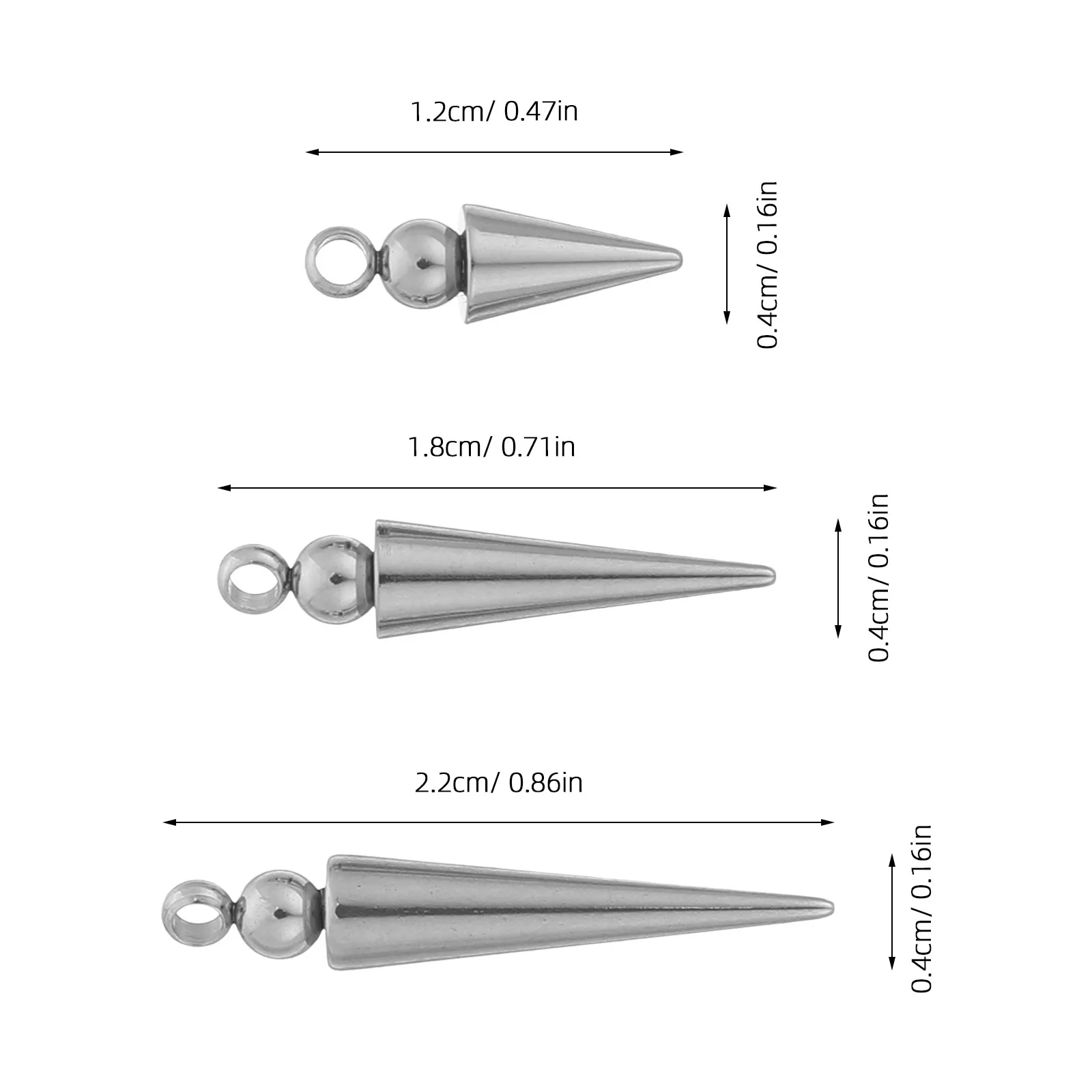 30pcs Stainless Steel Cone Spike Charms for DIY Jewelry Making – Punk Necklace Earring Craft Beads (12mm/18mm/22mm)