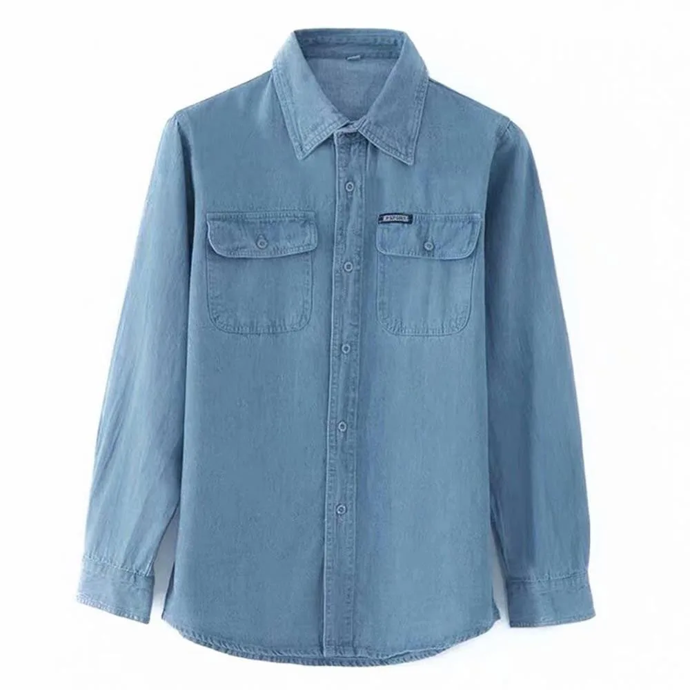 Single Breasted Men's Denim Shirts Pockets Lapel Collar Versatile Tops 2025 New Summer Bussiness Casual Shirt for Man
