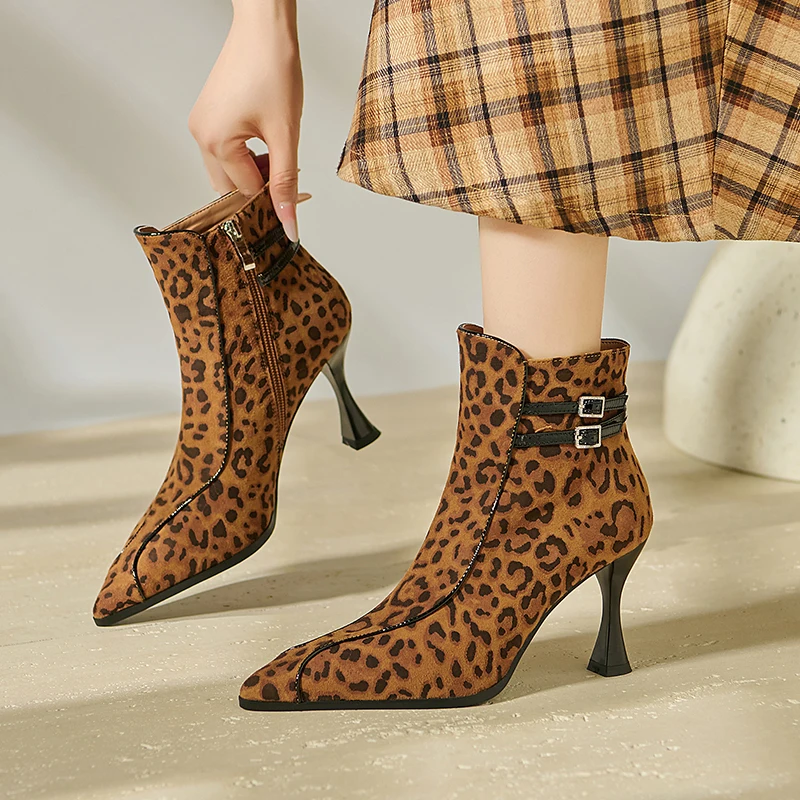 

Handmade Genuine Leather Womens Shoes Ankle boots Pointed Toe winter woman boots,knight boots,Modern Booties leopard High Heels