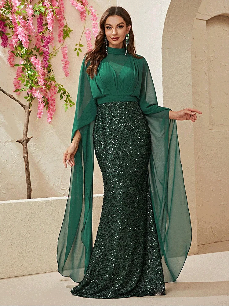 Round Neck Chiffon Long Sleeve Floor-Length Evening Dress Wedding Banquet Dance Luxury Ladies Party Evening Dress Prom Gown