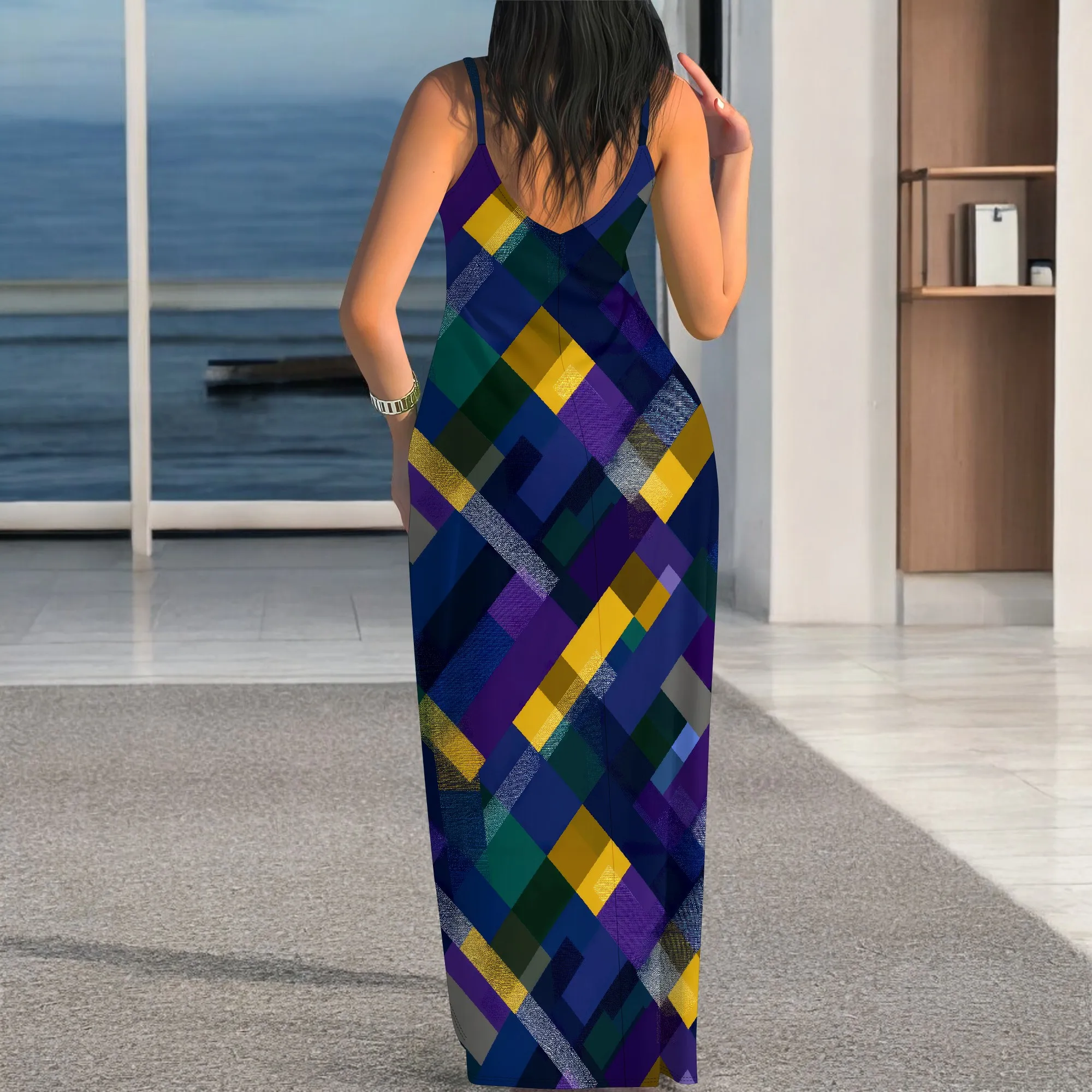 レディース夏用プラスサイズハワイアンワンピース タイダイ柄 スパゲッティストラップ マキシ丈ワンピース ビーチ ボヘミアン カジュアル サマードレス