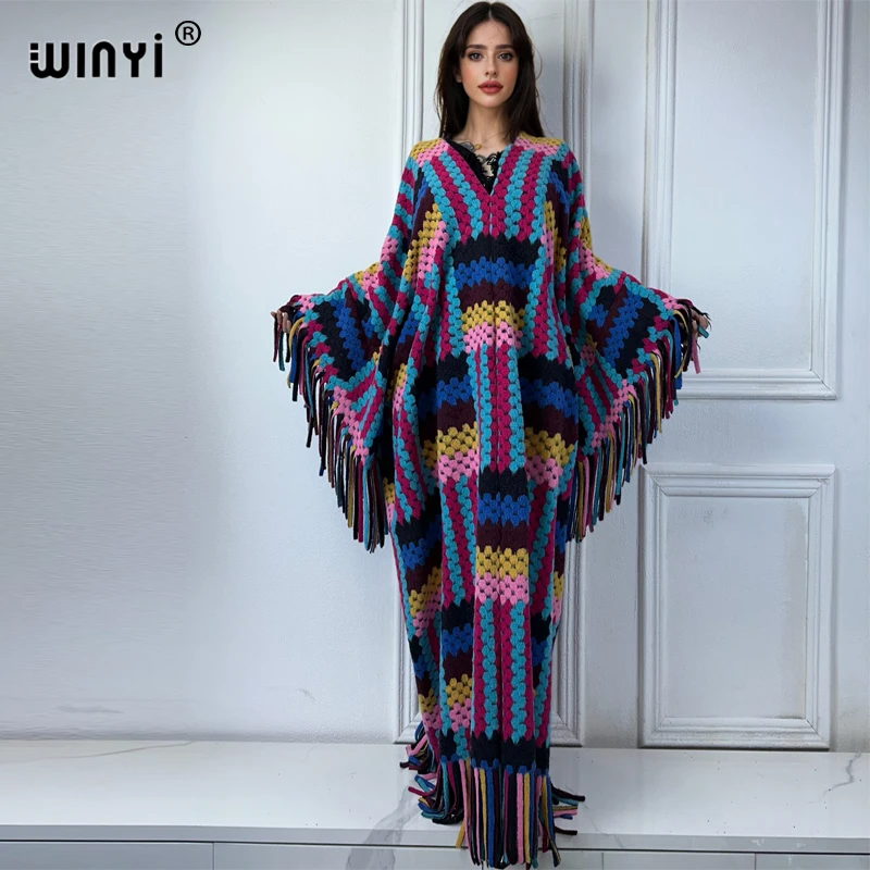 WINYI Geometric print Comfort Warm fashion Tassel dress Elegant Africa Boho winter kaftan for women party long dress loose abaya