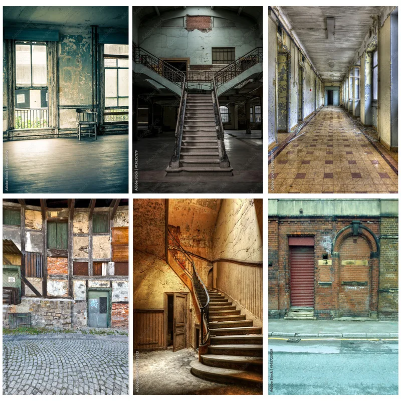 

SHUOZHIKE Vintage Shabby Interior Building Wall Photo Background Old Stairway Corridor Halloween Photography Studio Props PJ-01