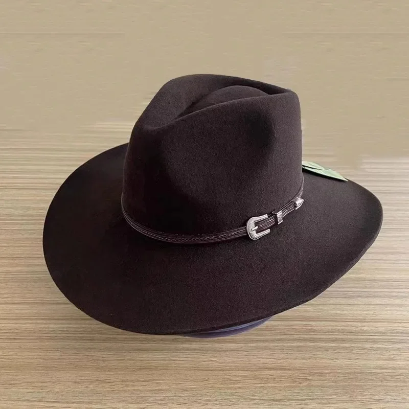 

Thick Carton Packing 100% Wool Wide Brim Women Fedora Hat，Men Felt Cowboy Hats Buckle Panama Hat Black Brown Color