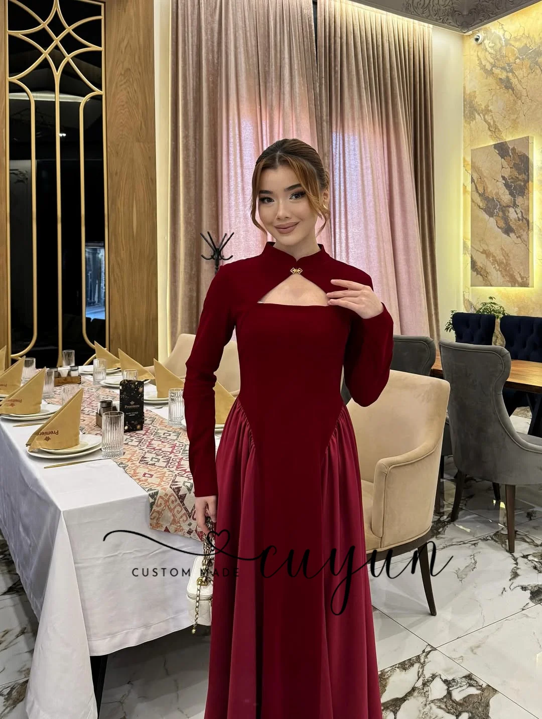 CUYUN Customized Formal Women Dinner Party Dresses High Collar Long Sleeves Red Floor-Length Evening Gown Wedding Guest Dress