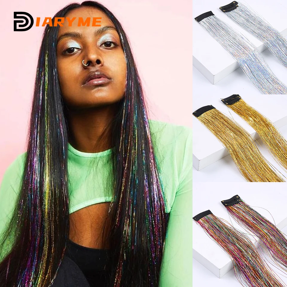 

Clip In Glitter Long Straight Synthetic Hair Extension Colorful silk thread metal wire hair extension