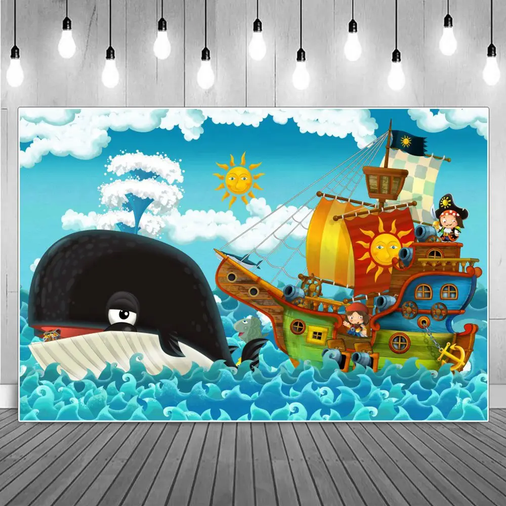 

Baby Shower Spraying Whale Birthday Decoration Photography Backdrops Blue Pirate Ship Party Photographic Background Studio Props