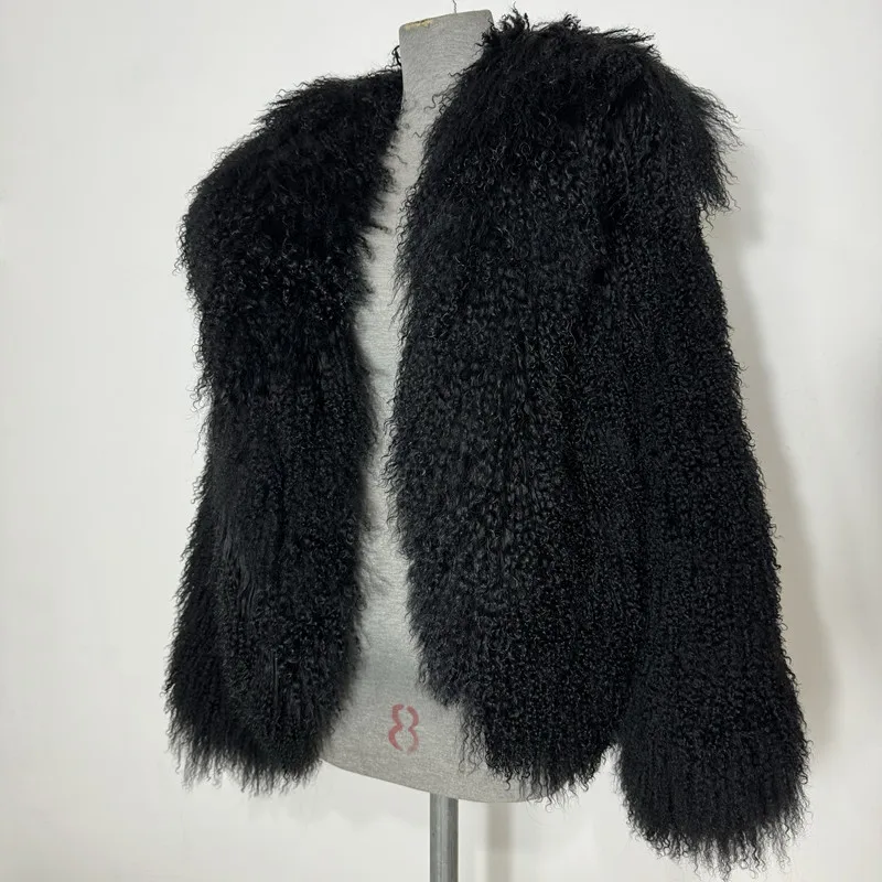 Real Sheepskin Coats Mongolian Lamb Fur length 60cm  Women Natural Sheep Fur Jacket With Lapel Short Fur Outerwear