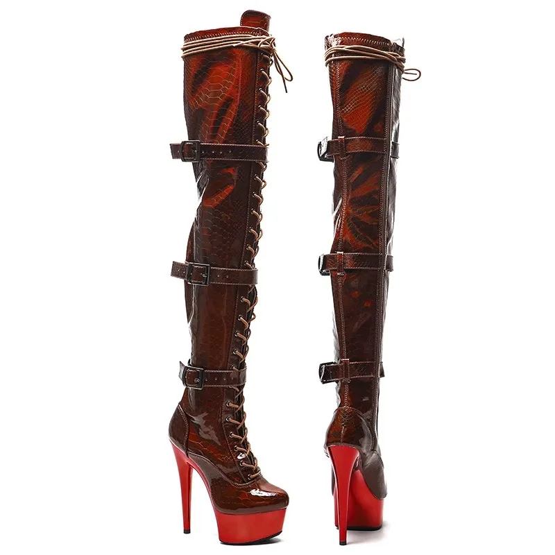 

Women 15CM/6inches PU Upper Plating Platform Sexy High Heels Thigh High Boots Pole Dance Shoes 15-074