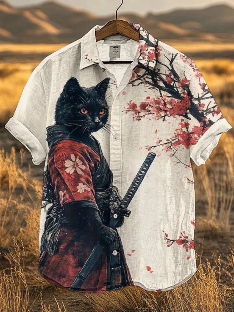 Men's Black Cat Samurai Japanese Art Print Shirts Casual Funny Lapel Collar Buttons Short Sleeve Blouses Holiday 2025 Summer Top