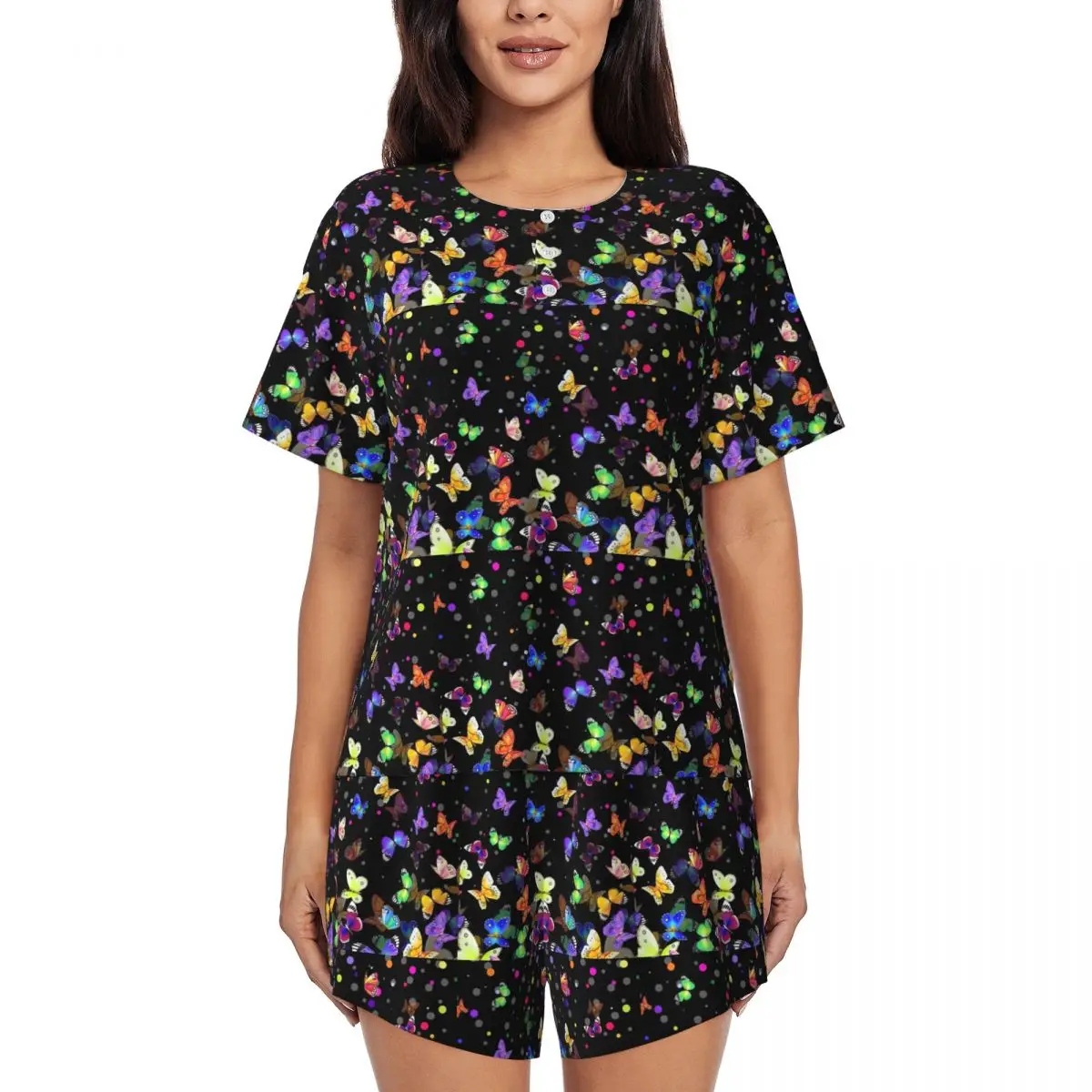 

Colorful Butterflies Print Pajamas Short-Sleeve Elegant Pajama Sets Two Piece Casual Daily Graphic Nightwear Gift