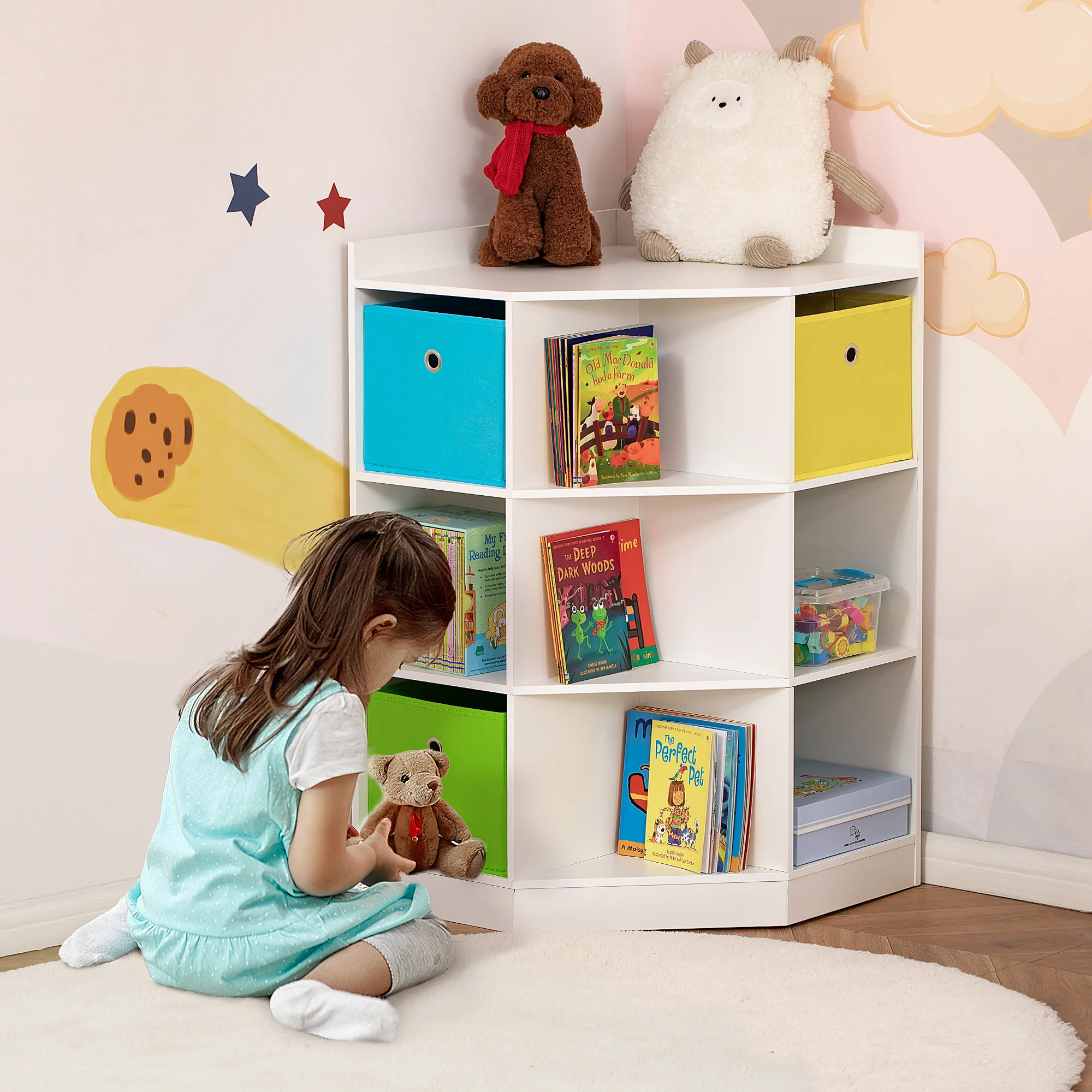 

Space-Efficient Kids Storage Organizer for Small Bedrooms, Corner Shelf, White