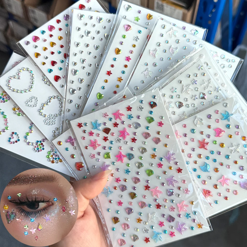 

1Pcs Sparkly Heart Star Pearl Face Diamond Tattoo Sticker 3D Aurora Colorful Butterfly Rhinestones Gem for Eyes Body DIY Decorat