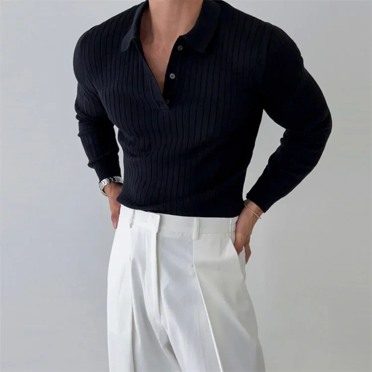 2025 Autumn Winter New Turn Down Collar Polo Sweater Men Long Sleeve Light Mature Style Solid Color Knit Base Layer Outerwear