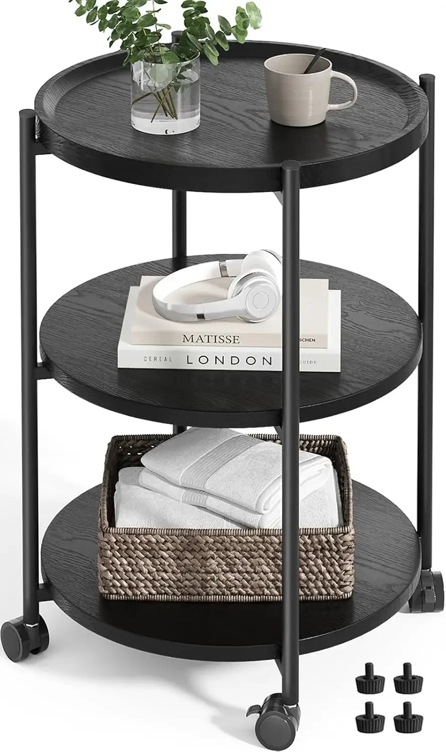 

Side Table, 3-Tier Modern End Table with Wheels, Small Round Nightstand Bedside Table for Living Room, Bedroom, or Small Spaces