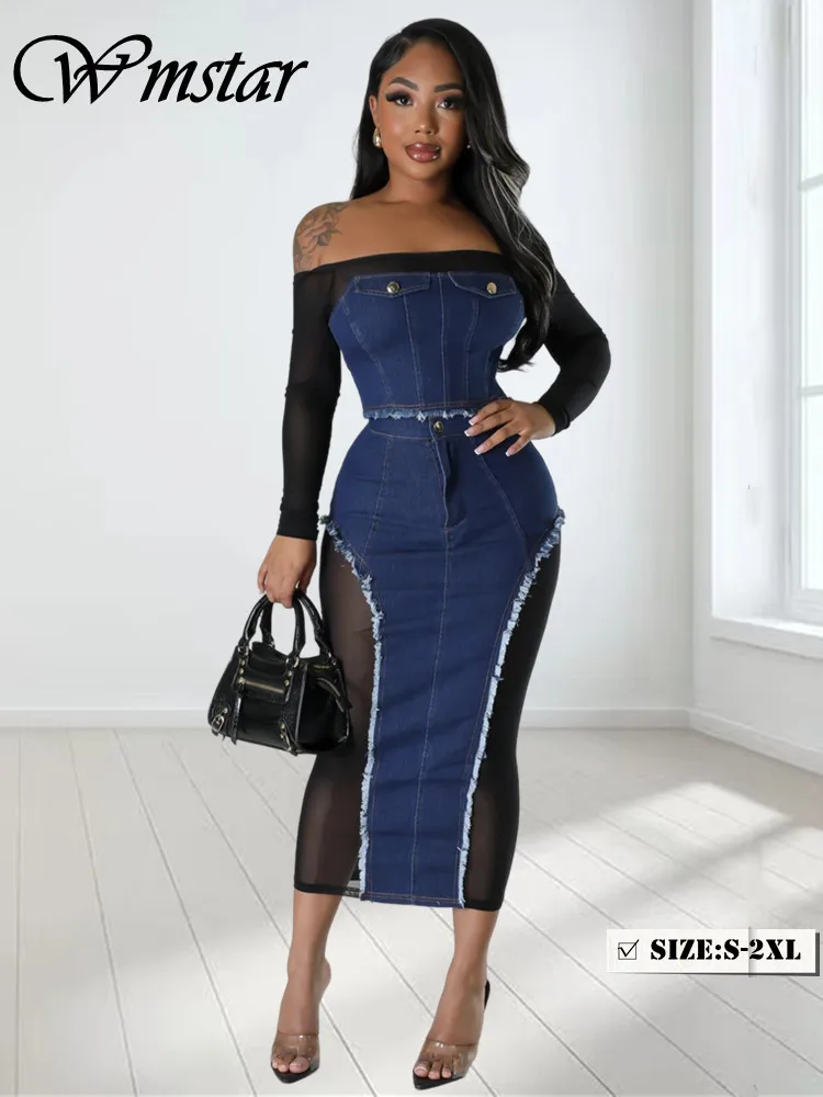 

Wmstar комплект из двух предметов женские юбки Комплекты с топом с открытыми плечами Сексуальная джинсовая одежда в стиле пэчворк новая осенняя одежда оптом Прямая поставка Женская