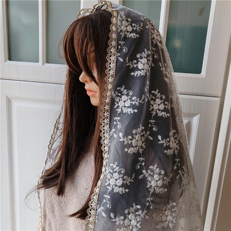 D Shape Blue Mantilla Catholic Mass Veils Women Head Covering Chapel Vintage Embroidered White Tulle White Cross Lace Edge