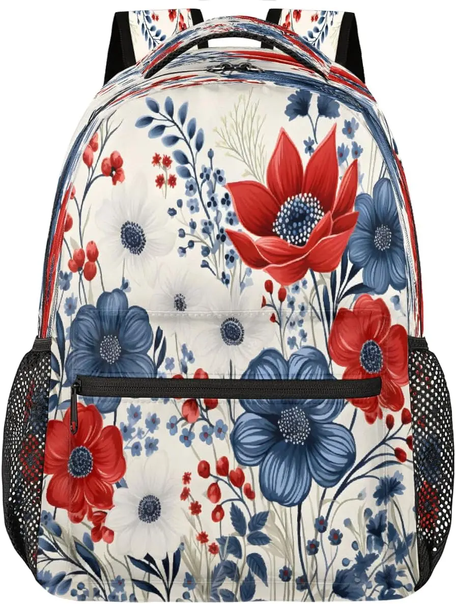 

Blue Red Flowers Floral Vintage Backpack Laptop Backpacks Casual College Travel Bag Hiking Daypack for Women Men