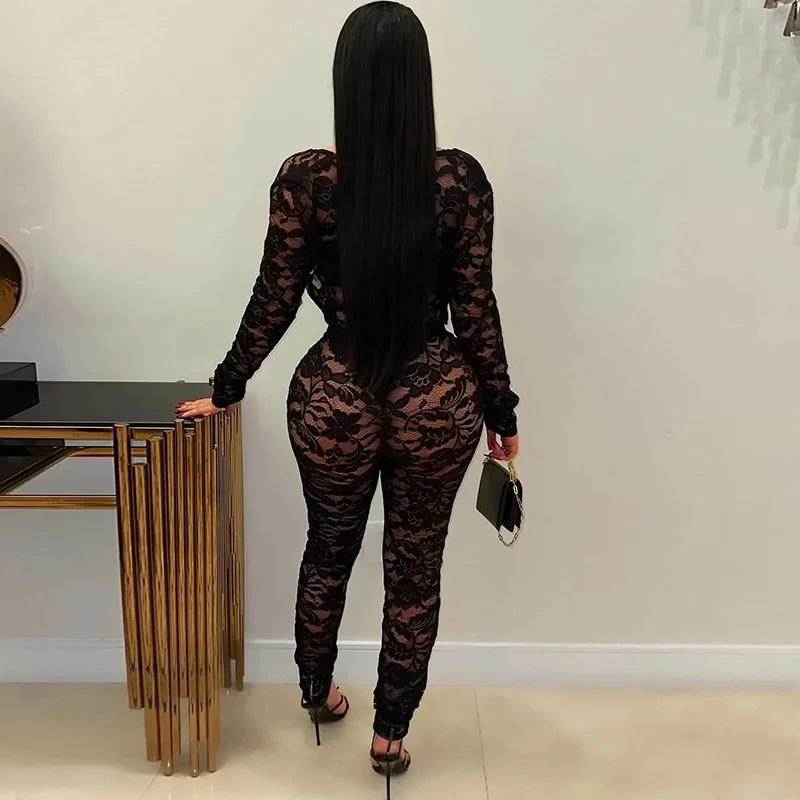 DSMTRC Women Swinging Collar Full Sleeve Black Mesh Sheer Jumpsuit With Strapless Crop Top Street Clubwear Lace Floral Playsuits