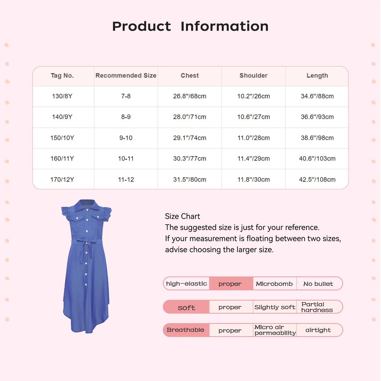 Kids Girls Imitation Denim Shirt Dress Sweet Ruffled Sleeves Turn-Down Collar Flap Pockets Curved Hem Button Dresses with Belt