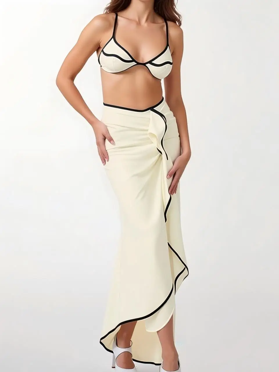 

3 Pieces Halter Bikinis 2025 Solid Swimwear Female Sexy Swimsuit Women With Mesh Beach Dress Bathers Bathing Swimming Swim Suit