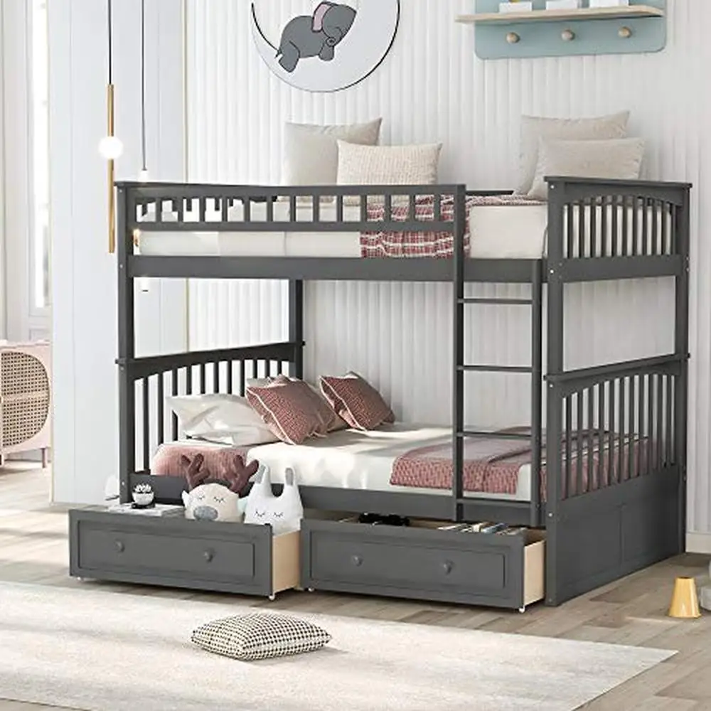 Full-Over-Full Bunk Bed with Two Drawers Space-Saving Convertible Durable Twin Size Bunk Bed