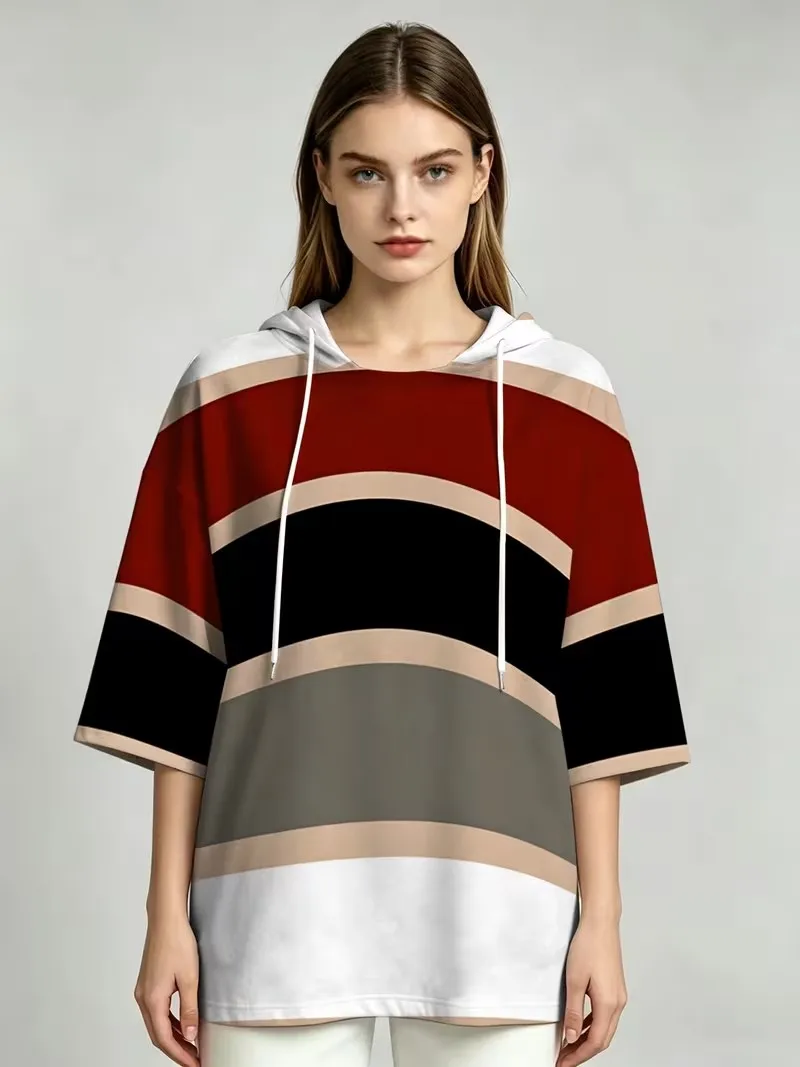 2026 Newest Colorful Curved Striped Printed Pullover Tops Women Half Sleeved Hooded Sweatshirt Daily Casual Sports Travel Outfit