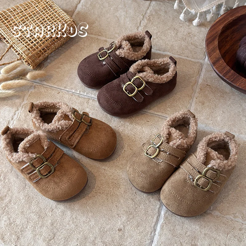 Thick Fur Loafers Kid Girls Winter Warm Plush Short Boots Baby Child Buckle Strap Lambswool Slip-on Flat Snow Shoes