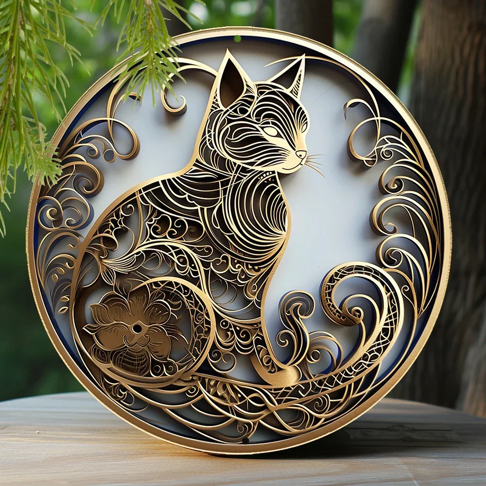 Letrero artístico de aluminio con temática de gato siamés, lámina de imitación y diseño de pisapapeles, decoración de corona redonda, Ideal para dormitorio o regalo de Acción de Gracias, 8x8 pulgadas