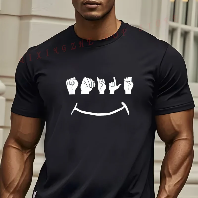 

Men'S Funny Joyful Face & Hand Gesture Graphic T-Shirt O-neck Short Sleeve Casual Top