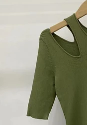 2023 Autumn Women's Green Knitted Dress Hollow Out Design Round Neck Half Sleeves Casual Elegant Mini Dress for Women