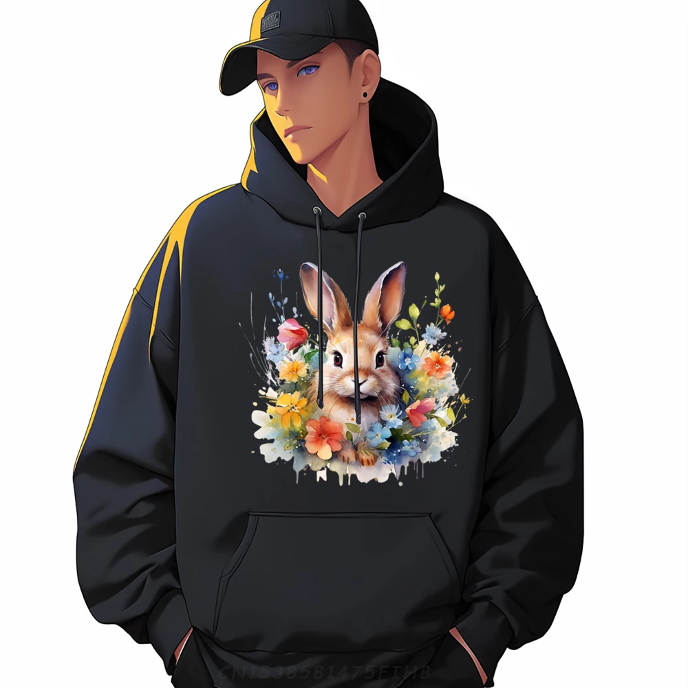 

Outdoor Hoodies Family Long Sleeve Man Hoodies Bunny Rabbit Face Floral Watercolor Print Lovers Day Hoodies O Neck