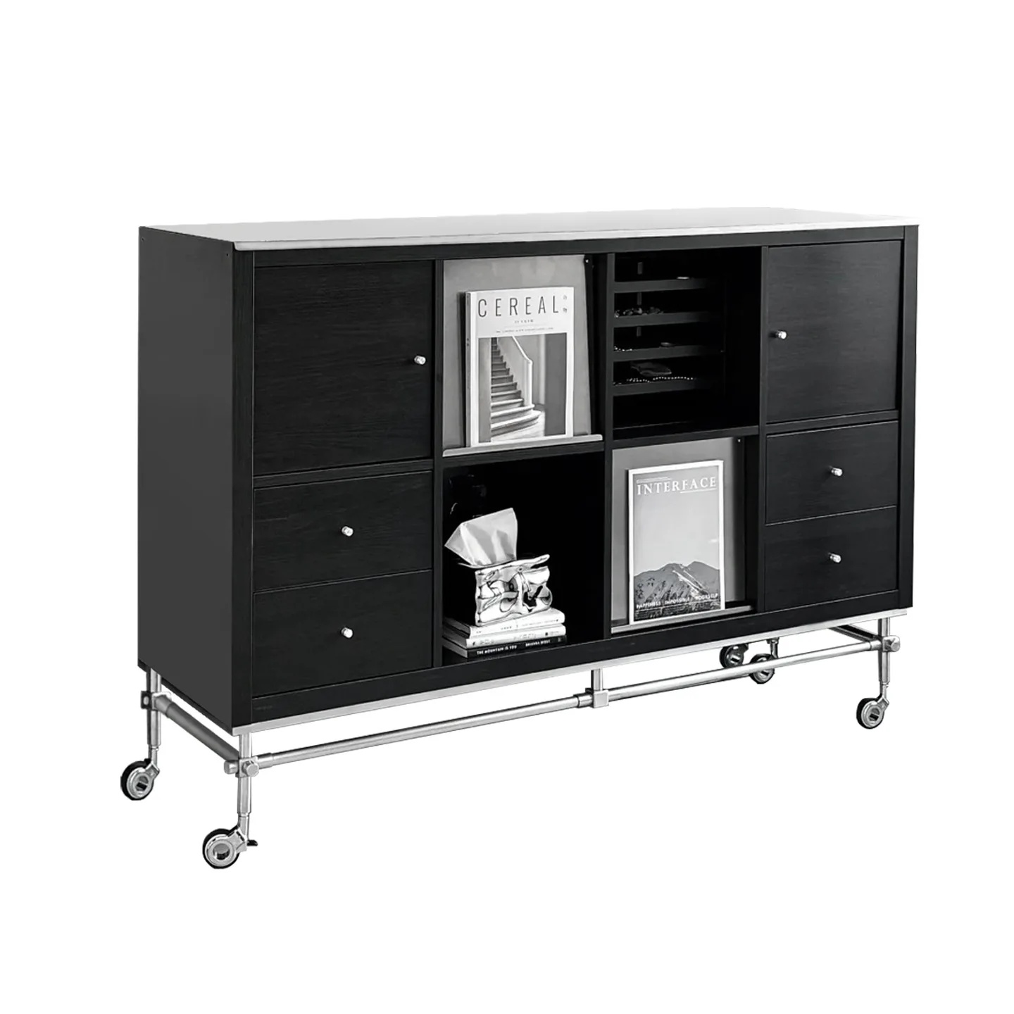 YJQ stainless steel countertop sideboard for living rooms, floor-standing with wheels, movable bookshelf storage cabinet