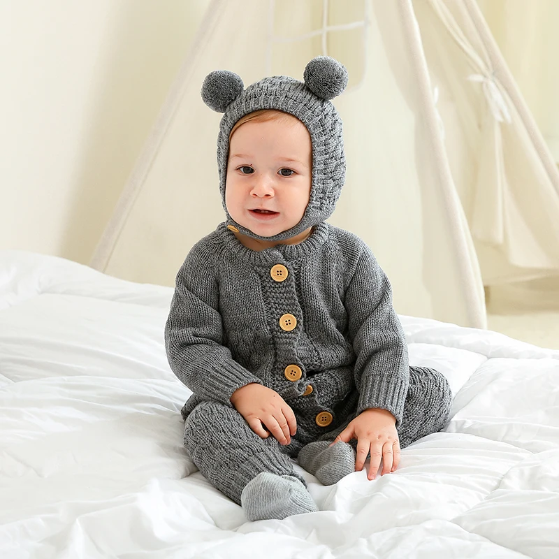 

Newborn Baby Rompers Hats Costumes Autumn Solid Long Sleeve Knitted Infant Boys Girls Jumpsuits Outfits 2pcs Winter Toddler Wear