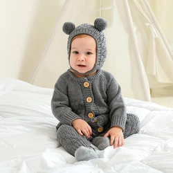 Newborn Baby Rompers Hats Costumes Autumn Solid Long Sleeve Knitted Infant Boys Girls Jumpsuits Outfits 2pcs Winter Toddler Wear