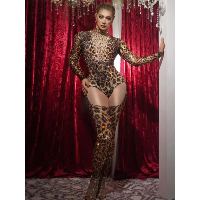 

Black Gold Rhinestone Leopard Print Stretch Bodysuit Jumpsuit Evening Party Bar Clubwear Dancer Performance Costume Outfit