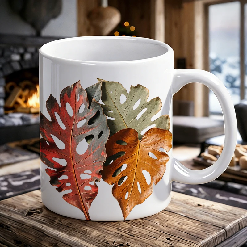 

Autumn Monstera Leaves Ceramic Mug, Fall Tropical Coffee Cup, Milk Cup, Drinking Cup, Gift for Friends, Fade-Resistant