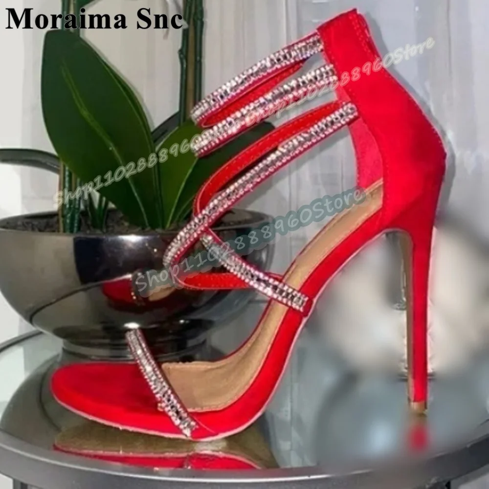 

Trendy Red Sparkling Narrow Crystal Strap Sandals Stilettos High Heel Shoes For Women Back Zipper Open Toe Banquet Women Sandals