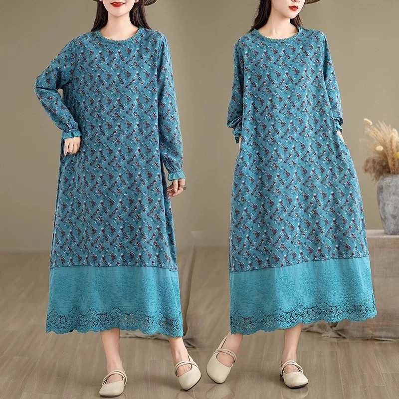 เดรสยาวพิมพ์ลายผ้าฝ้ายและป่านสไตล์เรโทรศิลปะใหม่ประจำฤดูใบไม้ร่วงปี 2025 สำหรับผู้หญิง ทรงหลวมทรงเอลายดอกไม้ รุ่น w700