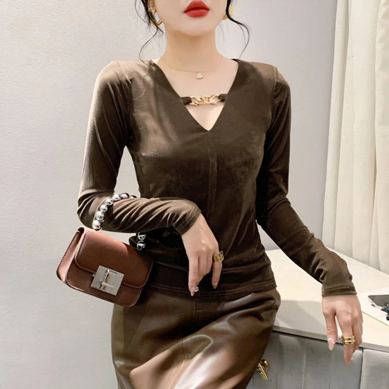 

Сексуальный облегающий бархатный топ с V-образным вырезом для женщин, модная базовая одежда, стильный топ для повседневной носки, корейская версия...