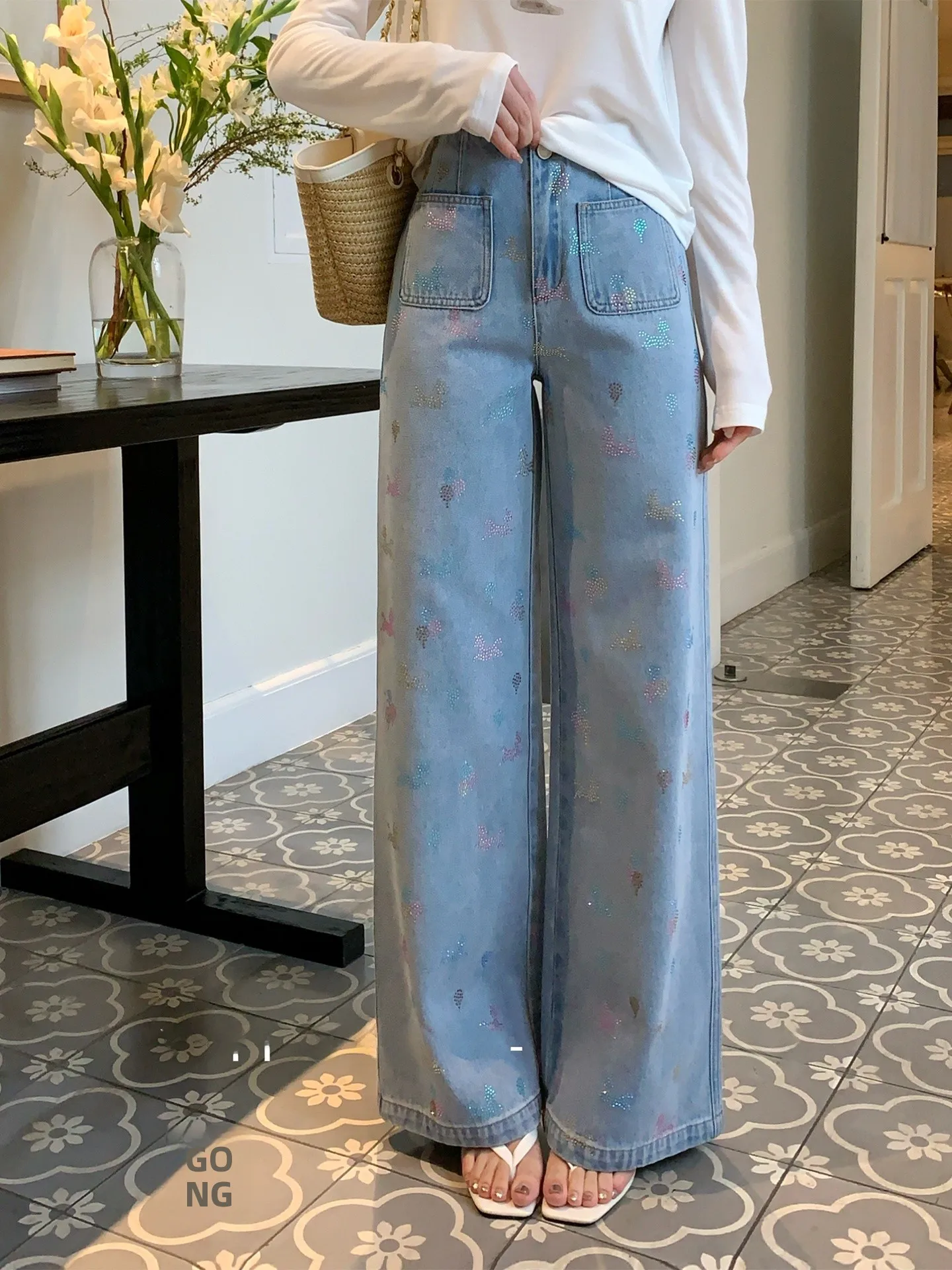 

Blue High Waist Shiny Rhinestone Wide Leg Jeans Women's Spring Summer New Style Cotton Blend Comfortable Straight Cut Pants