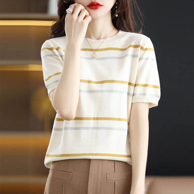 

Sweaters Sueters De Mujer New Short Sleeve Knitted Sweater Women Pullovers O-Neck Striped Knit Sweater Pullover Women Tops Q2246