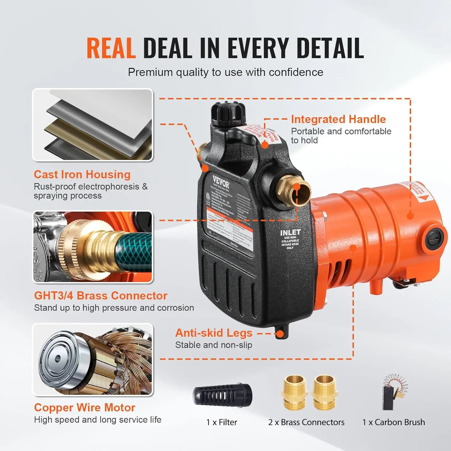 مضخة نقل المياه من الحديد الزهر، 115 فولت تيار متردد 1600 GPH 1/2 حصان، مضخة كهربائية محمولة مع فرشاة كربون، فلتر، موصل نحاسي #5